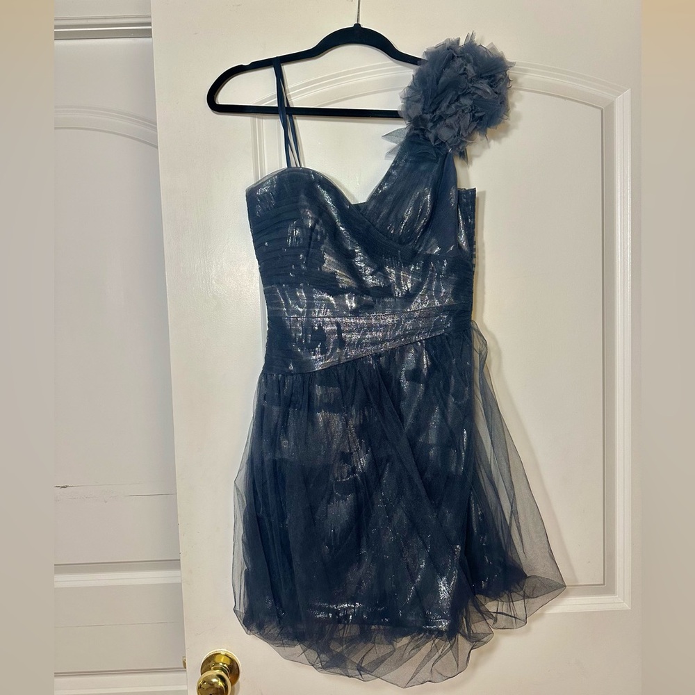 BCBG Maxazria Fun Blue Metallic Tulle One-Shoulder Dress